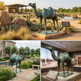 Collage of bronze camel statues in various settings including outdoors and indoors.