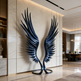 Decorative sculpture of large blue wings on a wall in a modern interior setting.