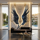 Modern interior with a black winged sculpture on a marble wall.
