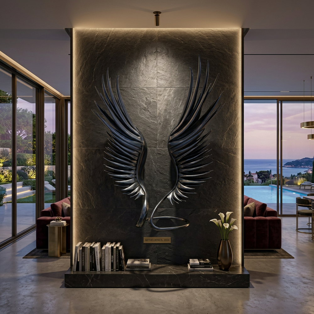 Decorative wall sculpture of wings in a modern living room with large windows.