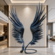 Decorative sculpture of large blue wings in a modern interior setting