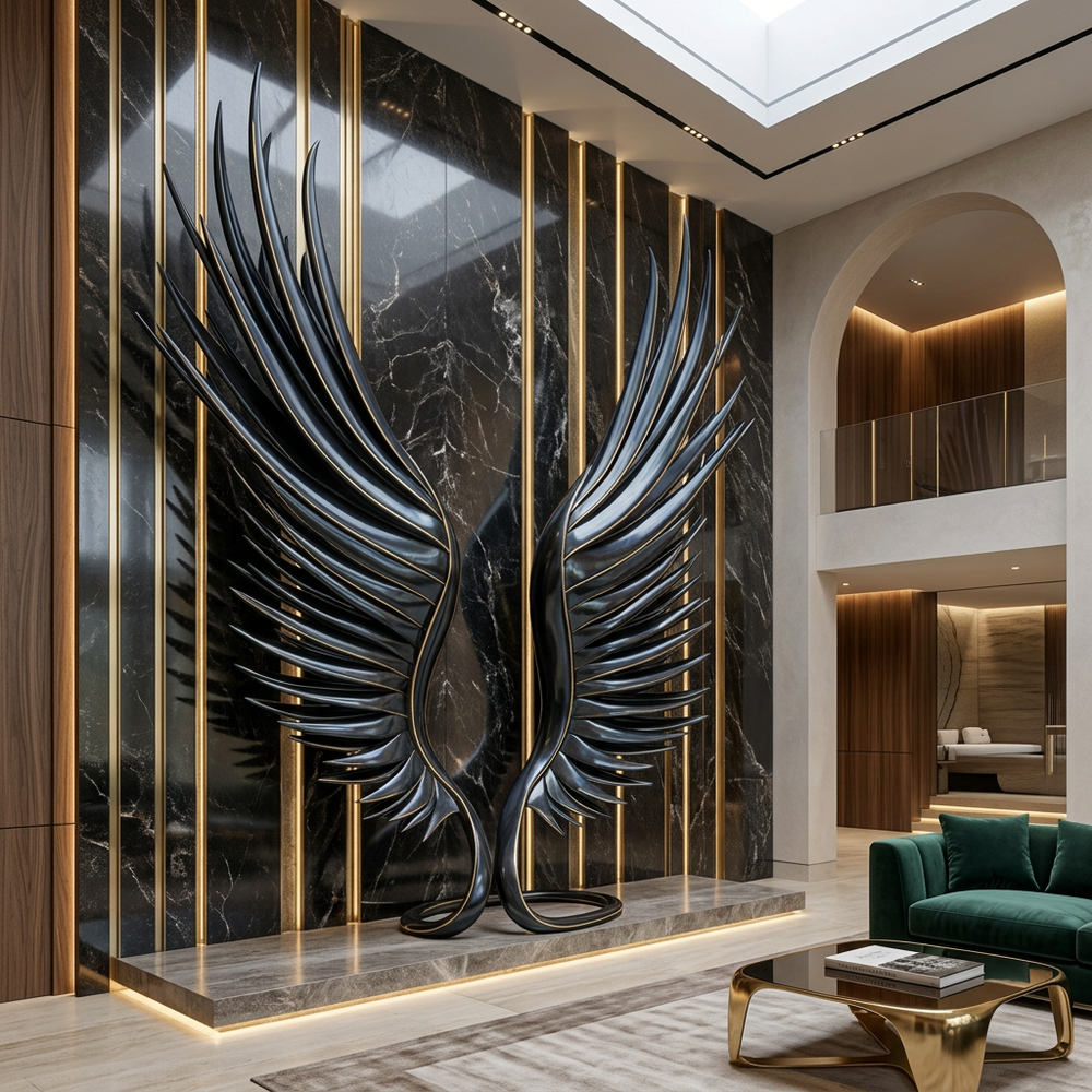 Luxury interior with large black wing sculpture on a marble wall