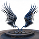 Metallic winged sculpture on a reflective platform with a white background