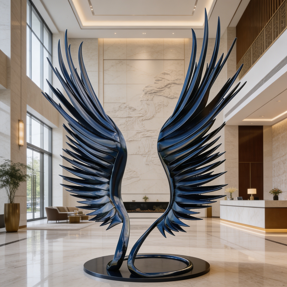 Large blue winged sculpture in a modern indoor setting