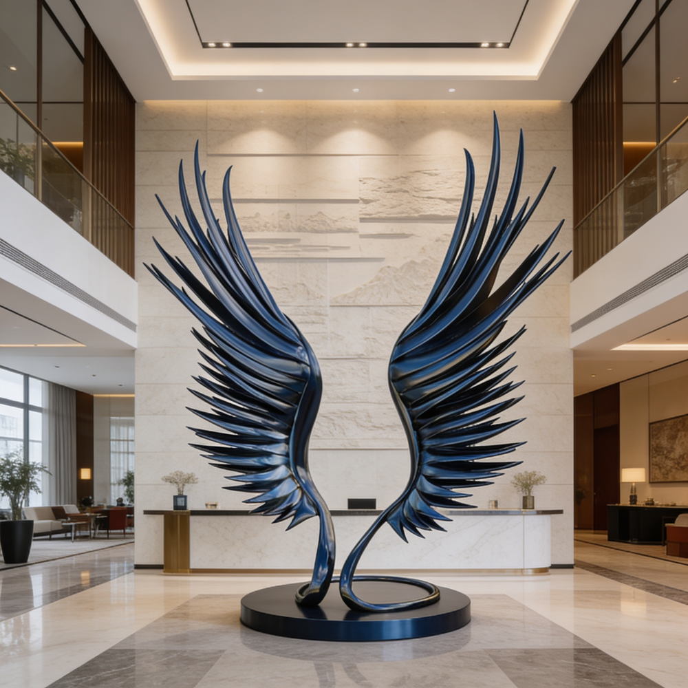 Large blue winged sculpture in a modern indoor setting
