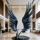 Large blue metal sculpture of wings in a modern indoor setting