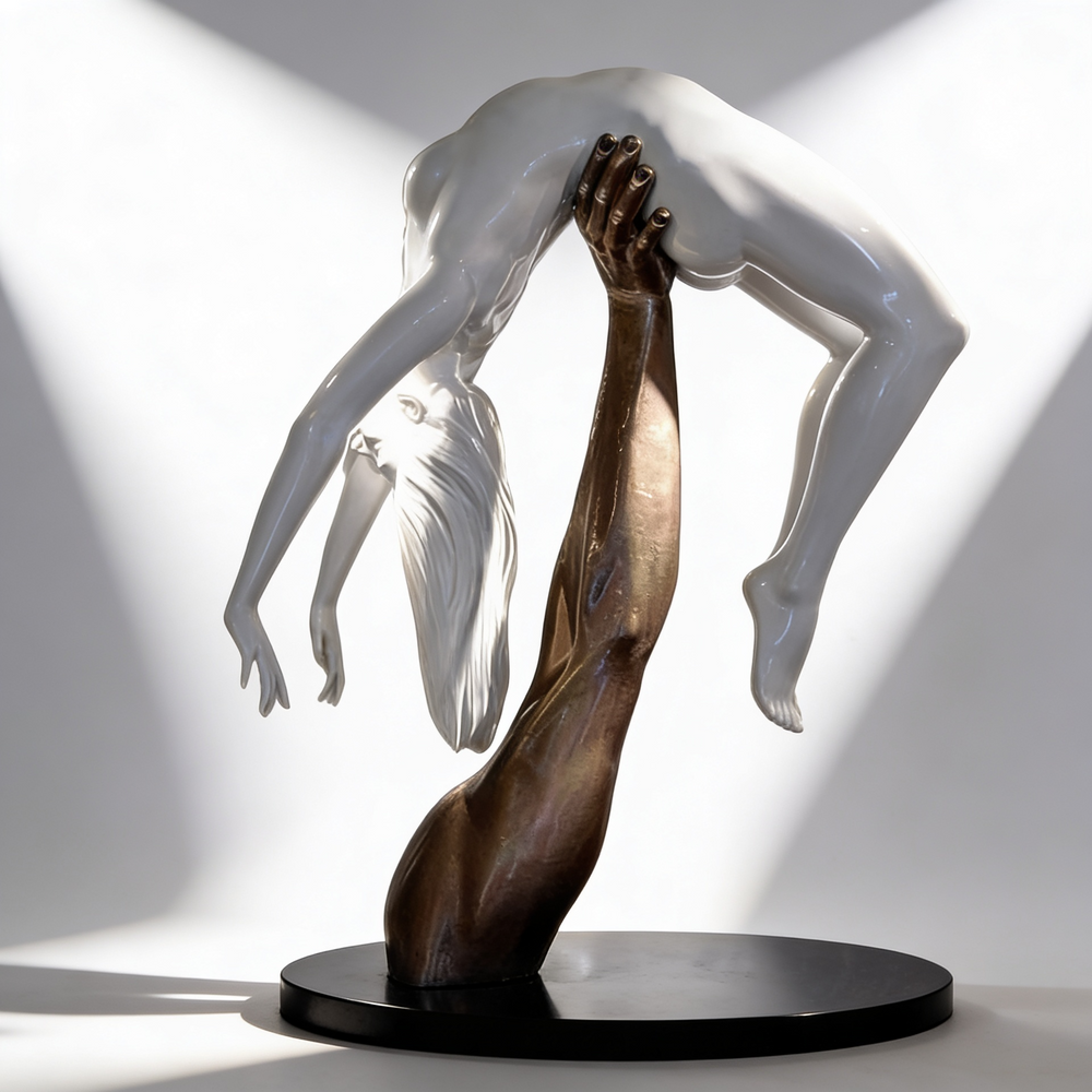 Modern artwork featuring a bronze arm lifting a glossy white figure with flowing hair.