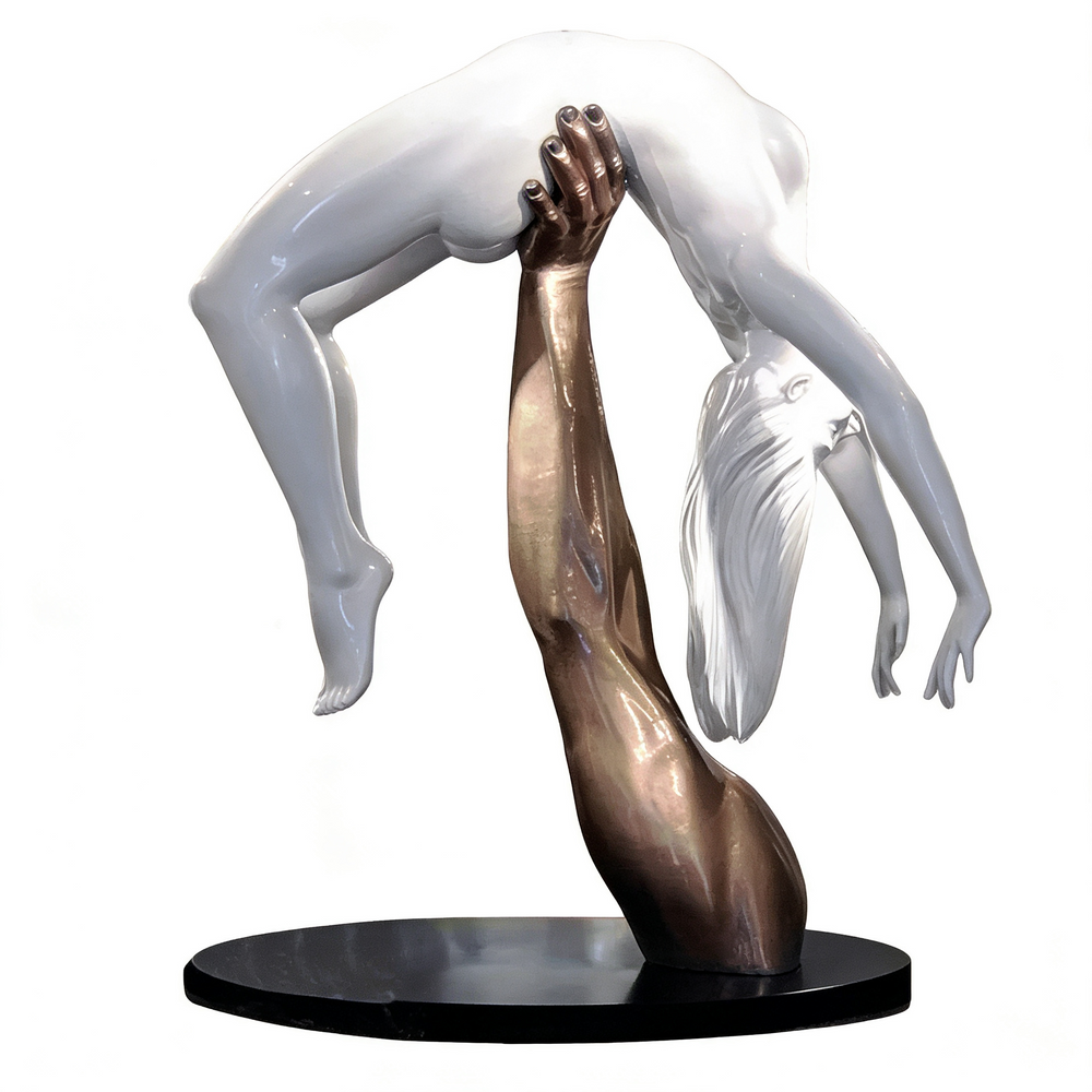 Expressive sculpture of a bronze arm elevating a smooth white figure, symbolizing support and motion