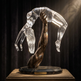 Contrasting bronze and white sculpture showing a raised arm supporting a curved human form