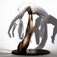 Abstract sculpture of a bronze arm elevating a smooth white figure with limbs hanging gracefully
