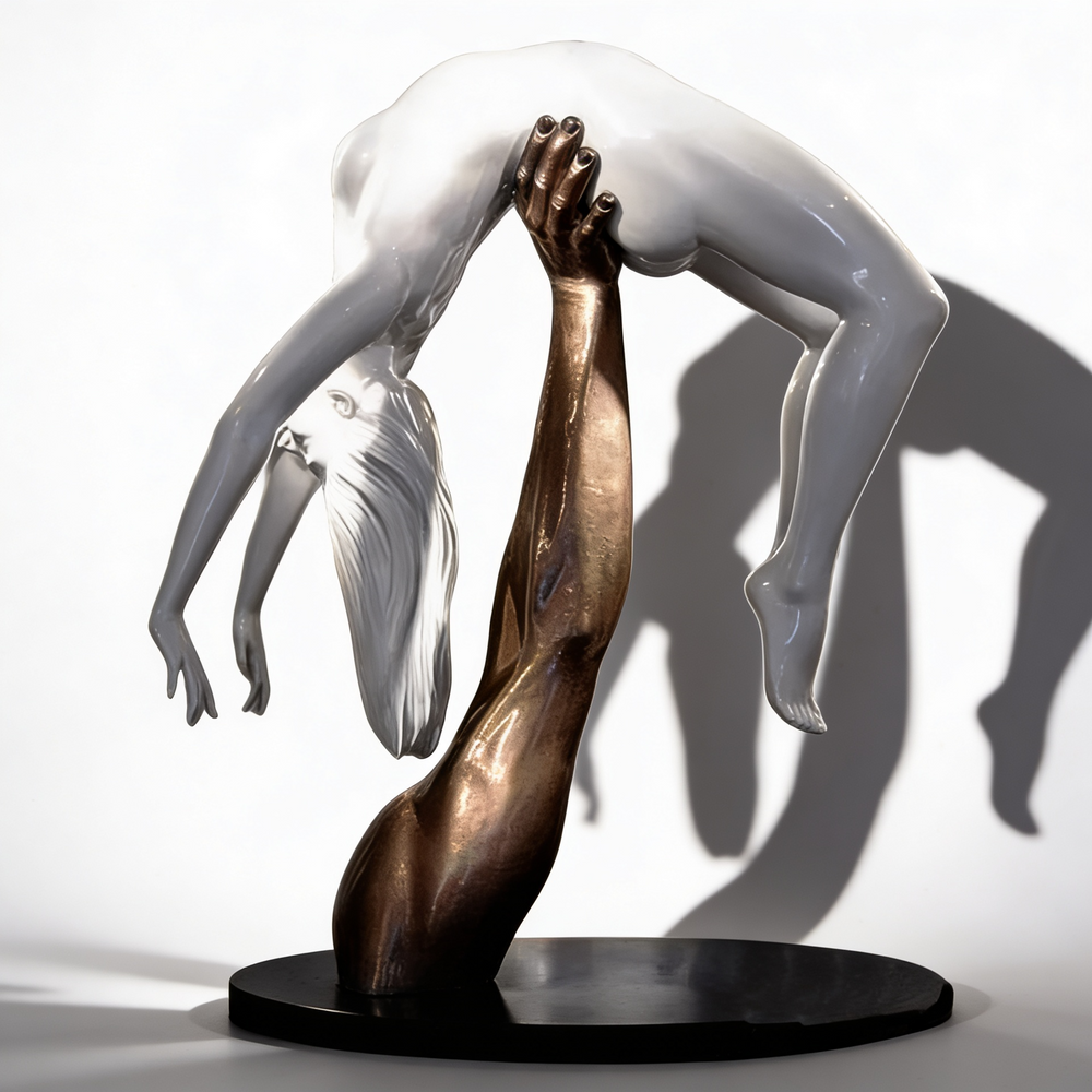 Abstract sculpture of a bronze arm elevating a smooth white figure with limbs hanging gracefully