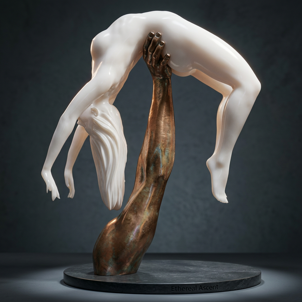 Artistic bronze arm supporting a white figure with extended limbs and dynamic flowing posture