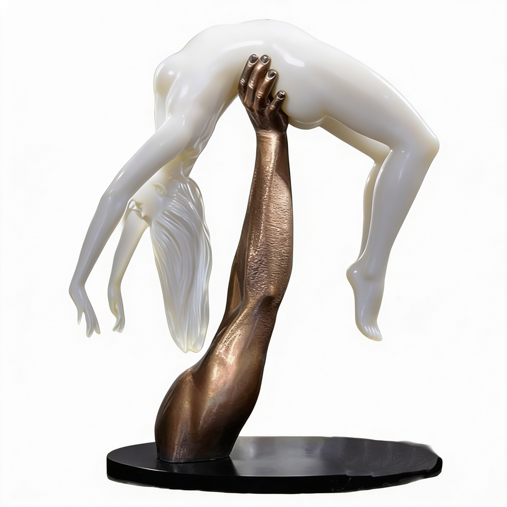 Expressive sculpture of a bronze arm elevating a smooth white figure, symbolizing support and motion