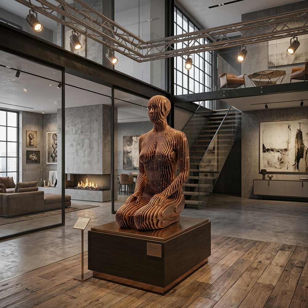 Wooden sculpture in a modern indoor setting with mirrors and a fireplace.