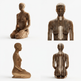 Wooden sculpture of a seated figure from multiple angles on a white background