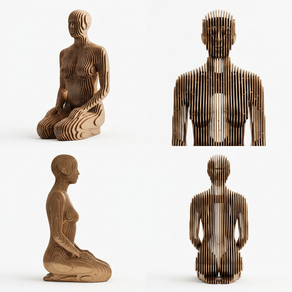 Wooden sculpture of a seated figure from multiple angles on a white background