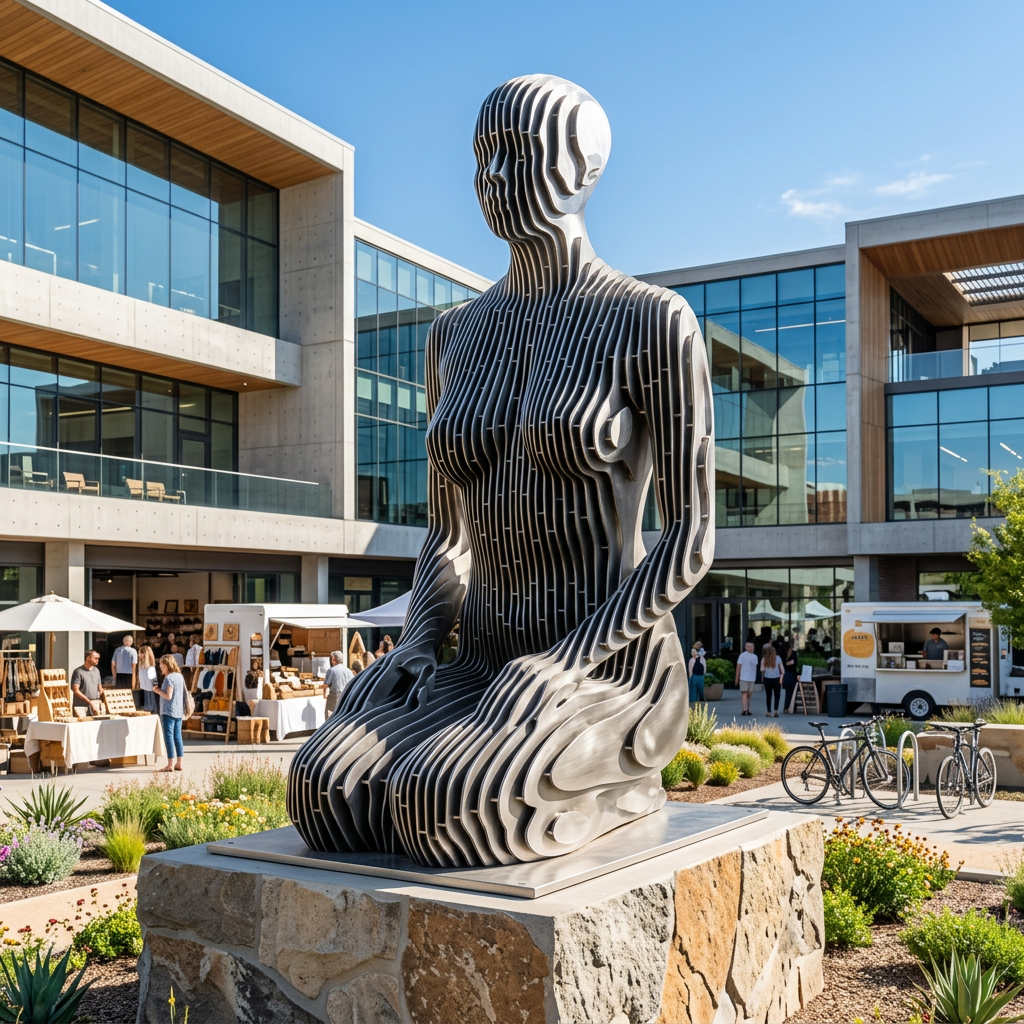 Modern sculpture in front of a building with people and outdoor seating area