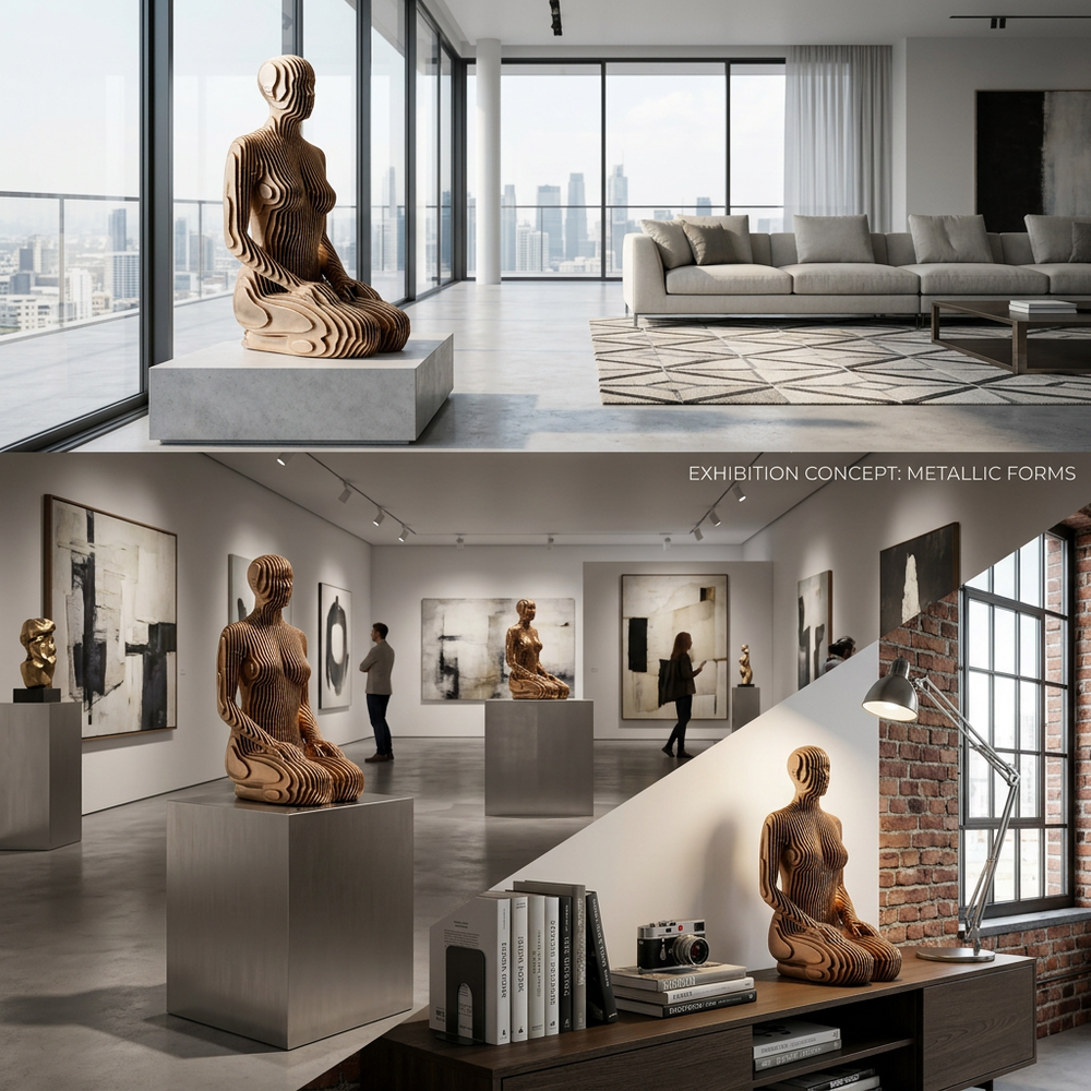 Wooden sculpture on a pedestal in a modern living room with cityscape view.