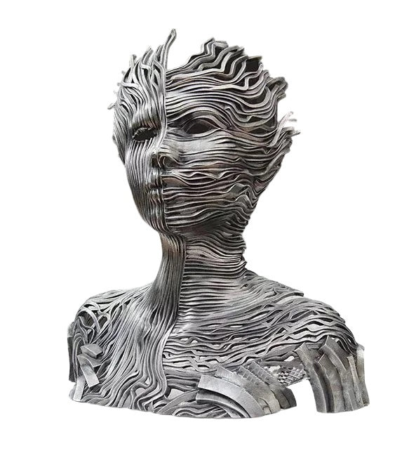 Metallic sculpture of a face with wavy patterns on a white background