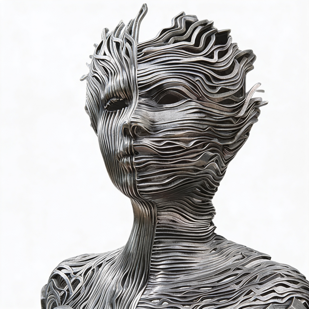 Artistic metal sculpture of a head and shoulders built from curved layered elements.