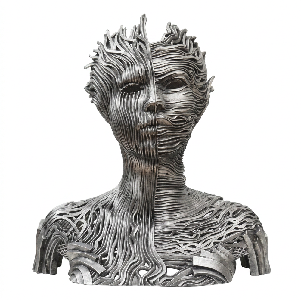 Metallic bust sculpture with intricate design on a white background

Contemporary layered‑metal figure with a dissolving facial structure and fluid sculptural lines