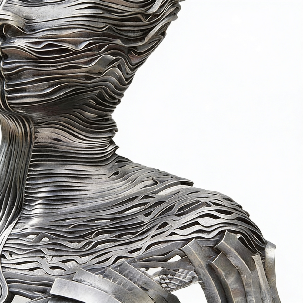 Contemporary layered‑metal figure with a dissolving facial structure and fluid sculptural lines
