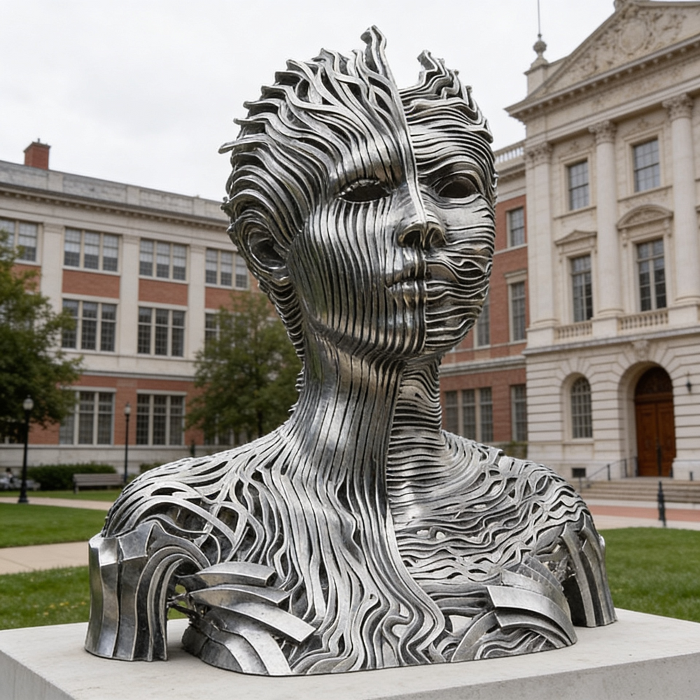 Modern metal sculpture of a stylized head and torso built from flowing layered strips