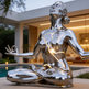 Metallic sculpture of a woman in a meditative pose outdoors.
