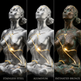 Three views of a woman's torso sculpture in stainless steel, aluminum, and patinated bronze.
