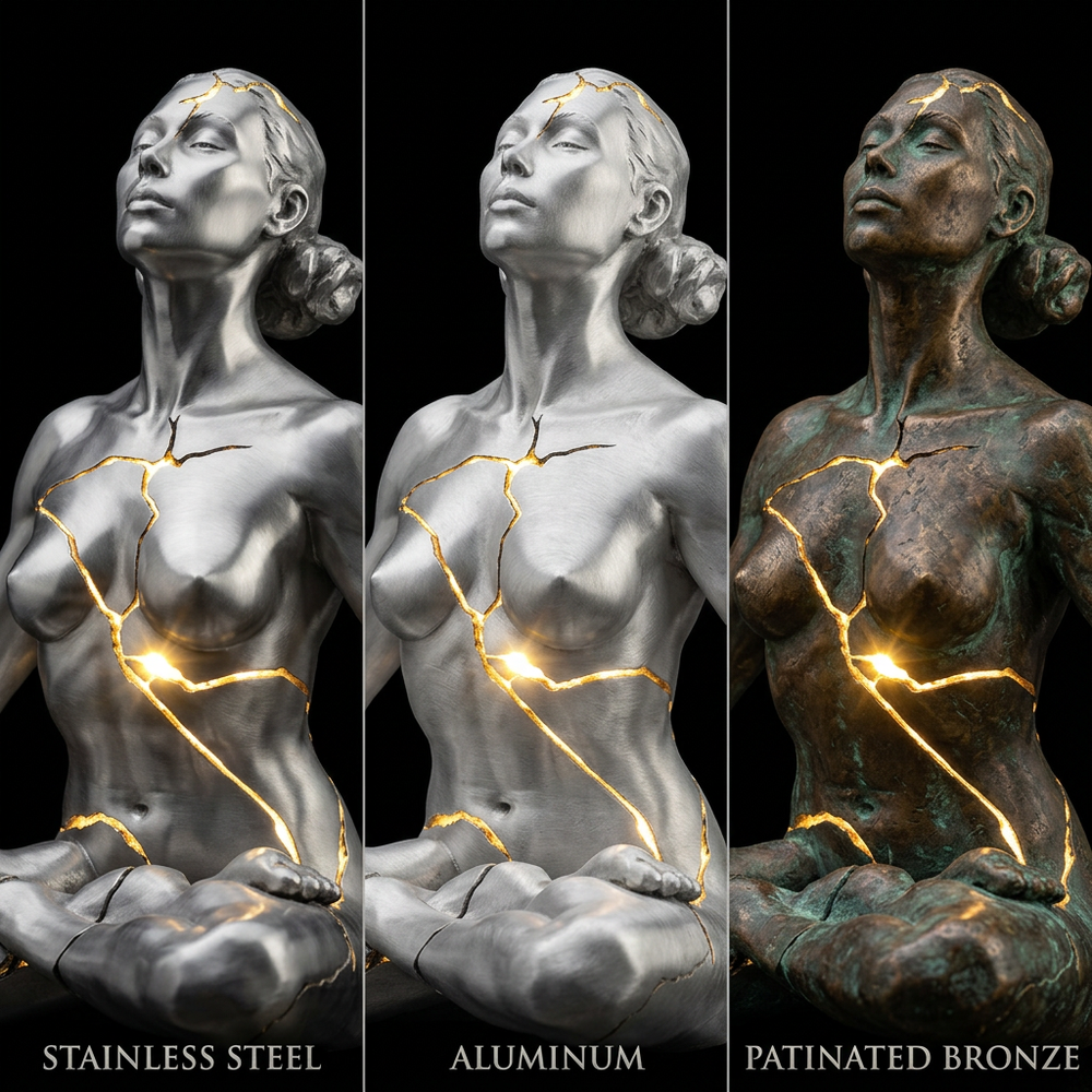 Three views of a woman's torso sculpture in stainless steel, aluminum, and patinated bronze.