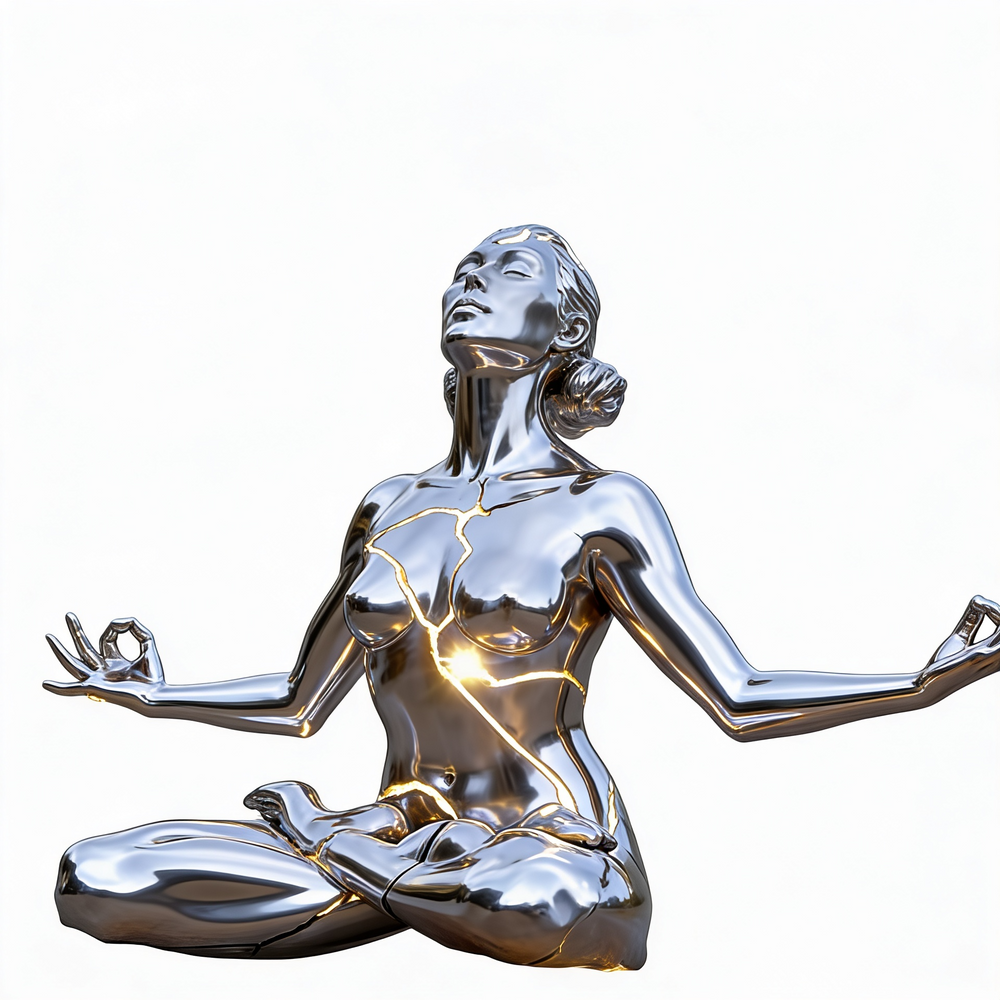 Silver statue of a meditating woman on a white background