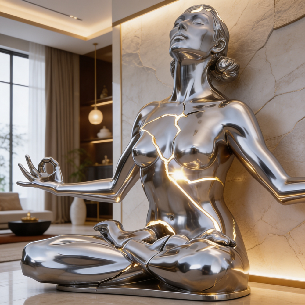 Silver statue of a woman in a meditative pose on a marble surface.