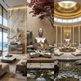 Collage of a modern interior with statues and a water feature.
