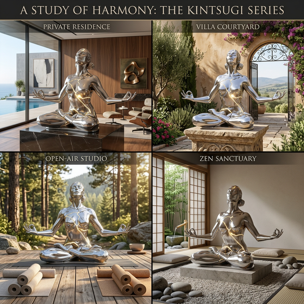 Collage of a Kintsugi sculpture in various settings including a private residence, villa courtyard, open-air studio, and zen sanctuary.