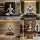 Collage of a silver statue in various indoor settings