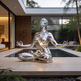 Silver statue of a meditating woman on a table with a modern indoor-outdoor setting.