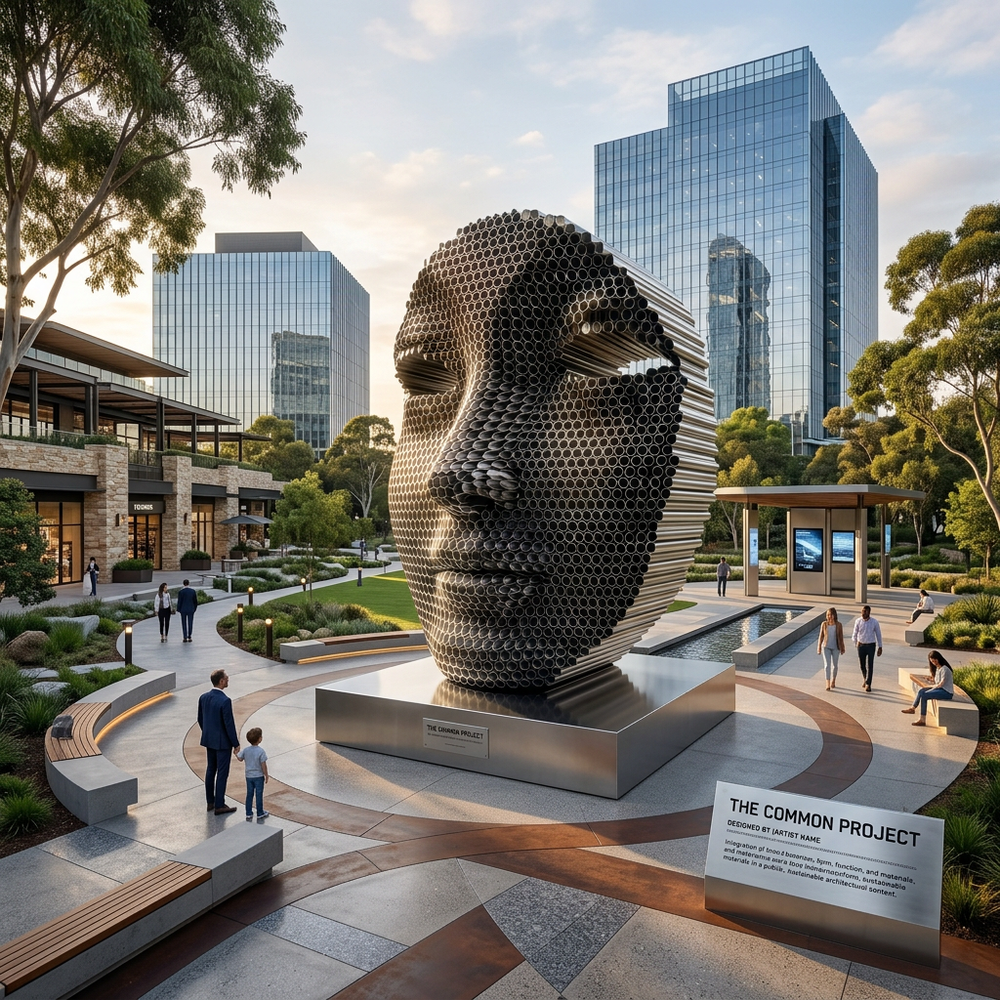 Large metallic sculpture of a face in an urban park with modern buildings in the background