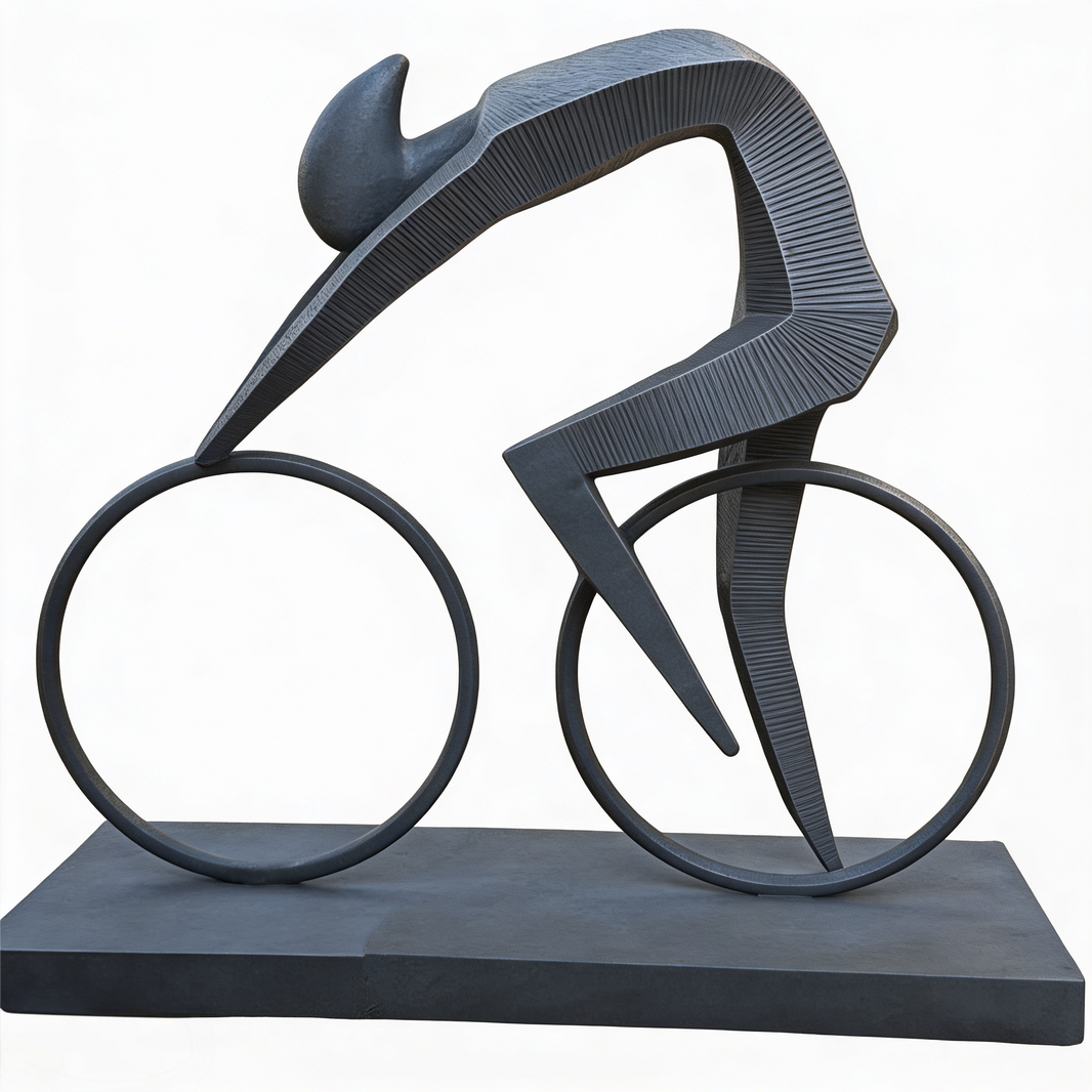 Abstract geometric sculpture of a cyclist in a forward‑leaning racing position on circular wheels