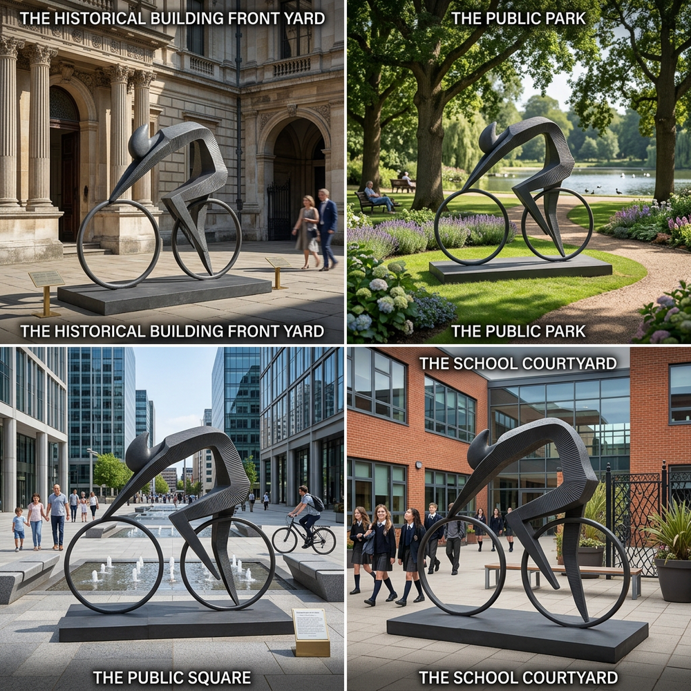 Contemporary abstract artwork of a streamlined cyclist with geometric forms and perfect circular wheels
