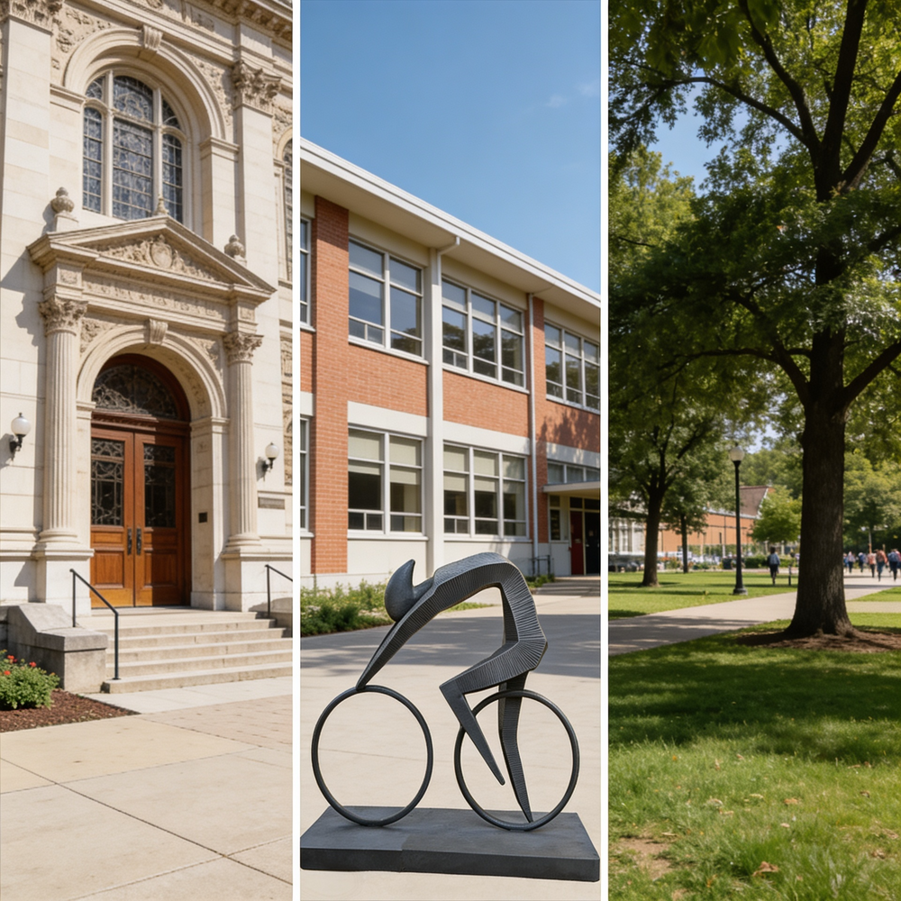 Dark metal cyclist sculpture with stylized angular body and dynamic motion posture.