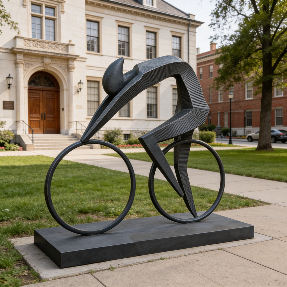 Abstract bicycle sculpture with a streamlined rider and clean geometric composition