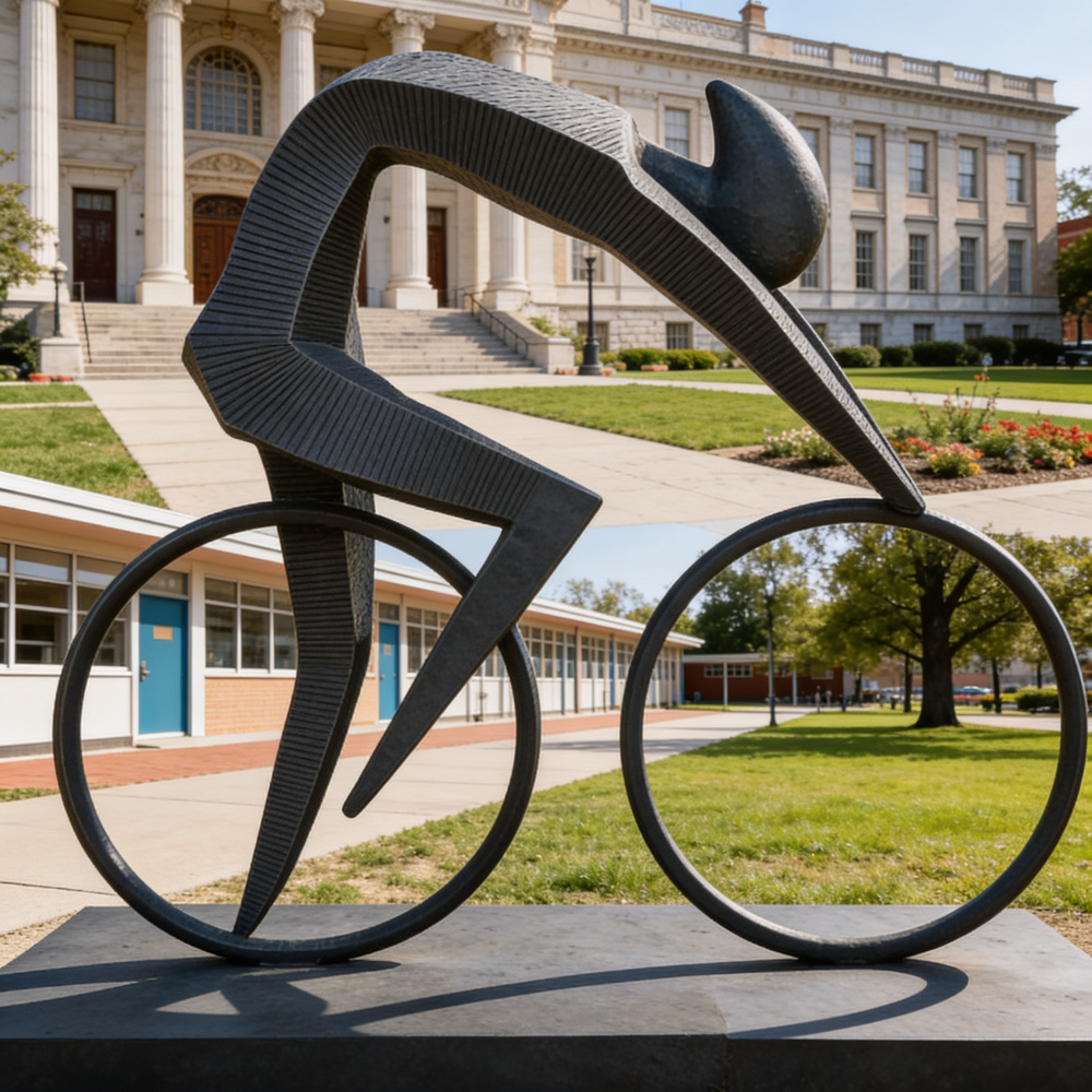 Geometric cyclist sculpture emphasizing speed and motion through sharp, stylized forms