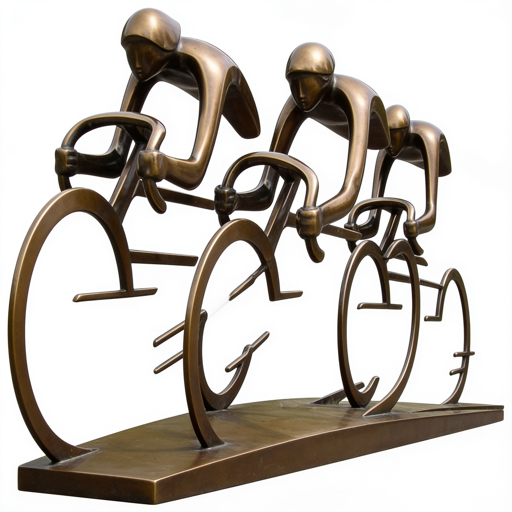 Bronze sculpture of three cyclists in a line race on a white background
