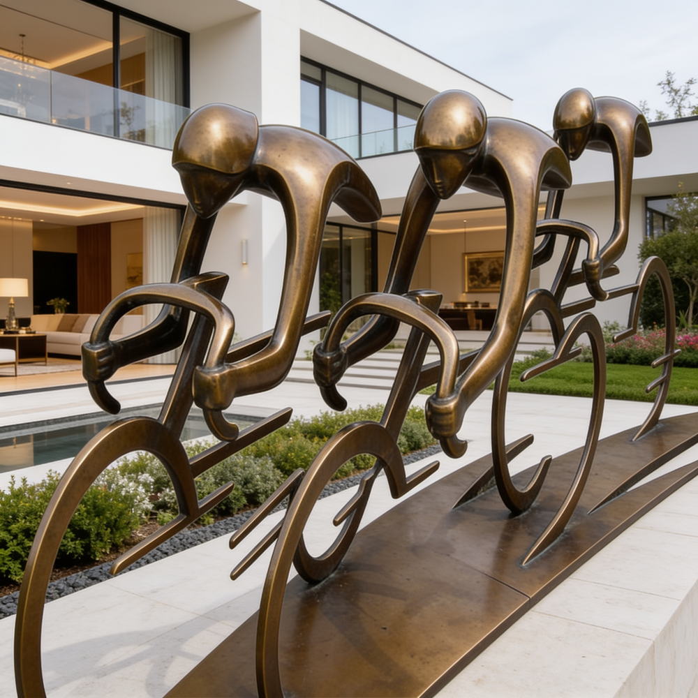 Bronze sculpture of cyclists in a modern outdoor setting