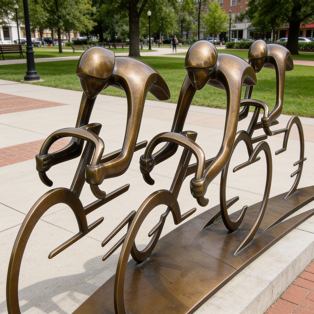 Bronze sculpture of cyclists in a line on a city street