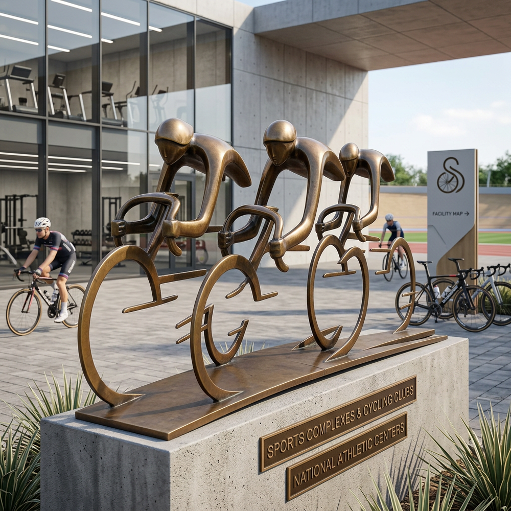 Bronze sculpture of cyclists in a line outside a building with bicycles in the background.