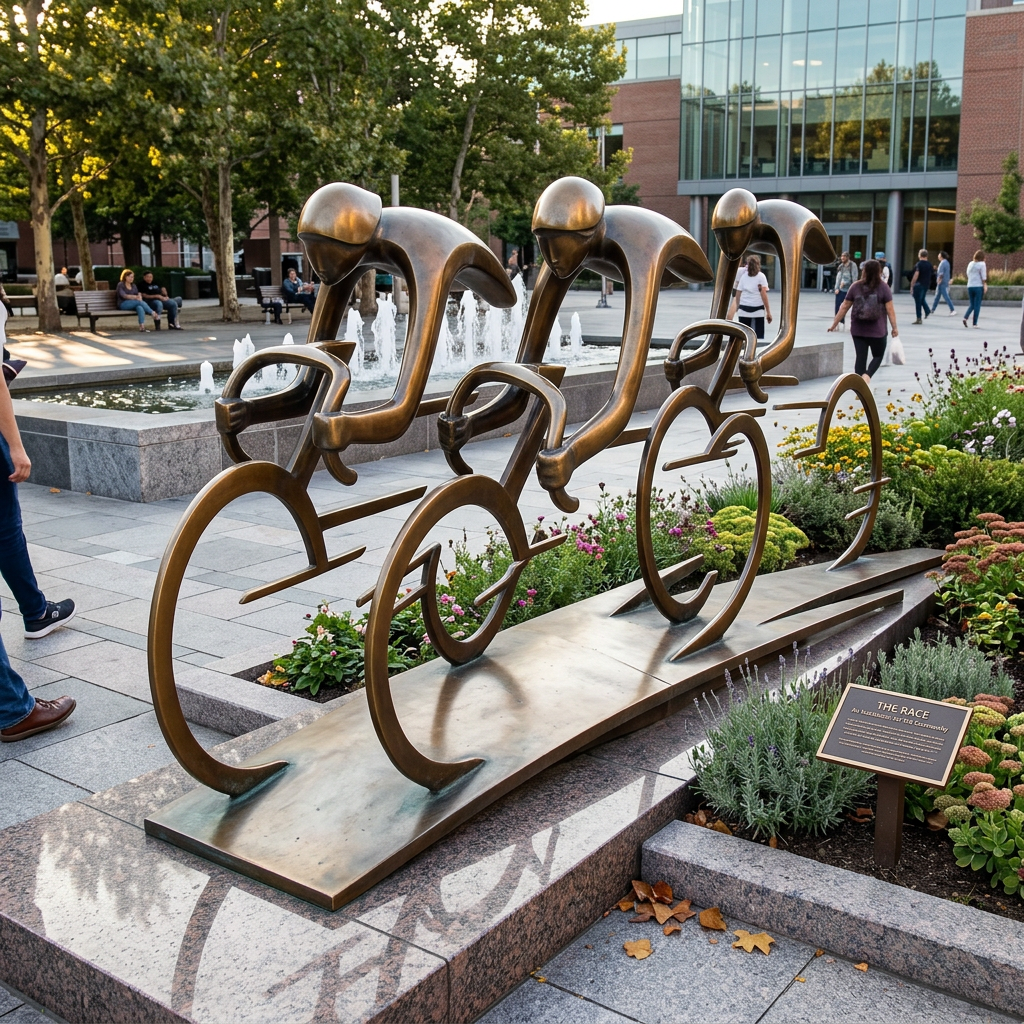 Bronze sculpture of cyclists on bicycles in an outdoor setting with people and greenery.