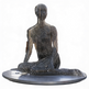 Metallic sculpture of a seated figure on a white background
Layered metal strip sculpture of a seated human figure on a circular base