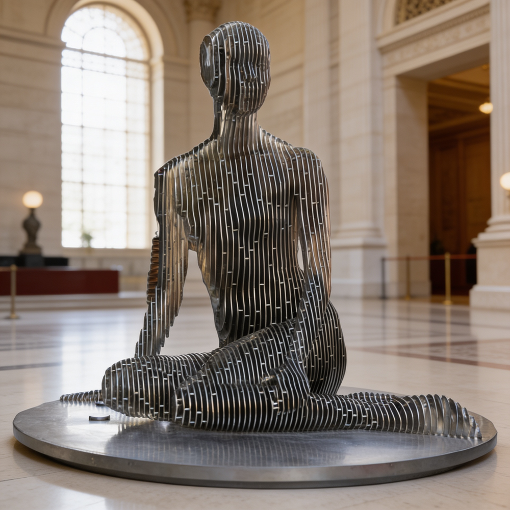 Metallic sculpture of a seated figure in a grand hall with high ceilings and large windows.