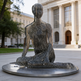 Metallic sculpture of a seated figure in front of a classical building
Open‑structure metallic human figure created from vertical strips in a cross‑legged pose